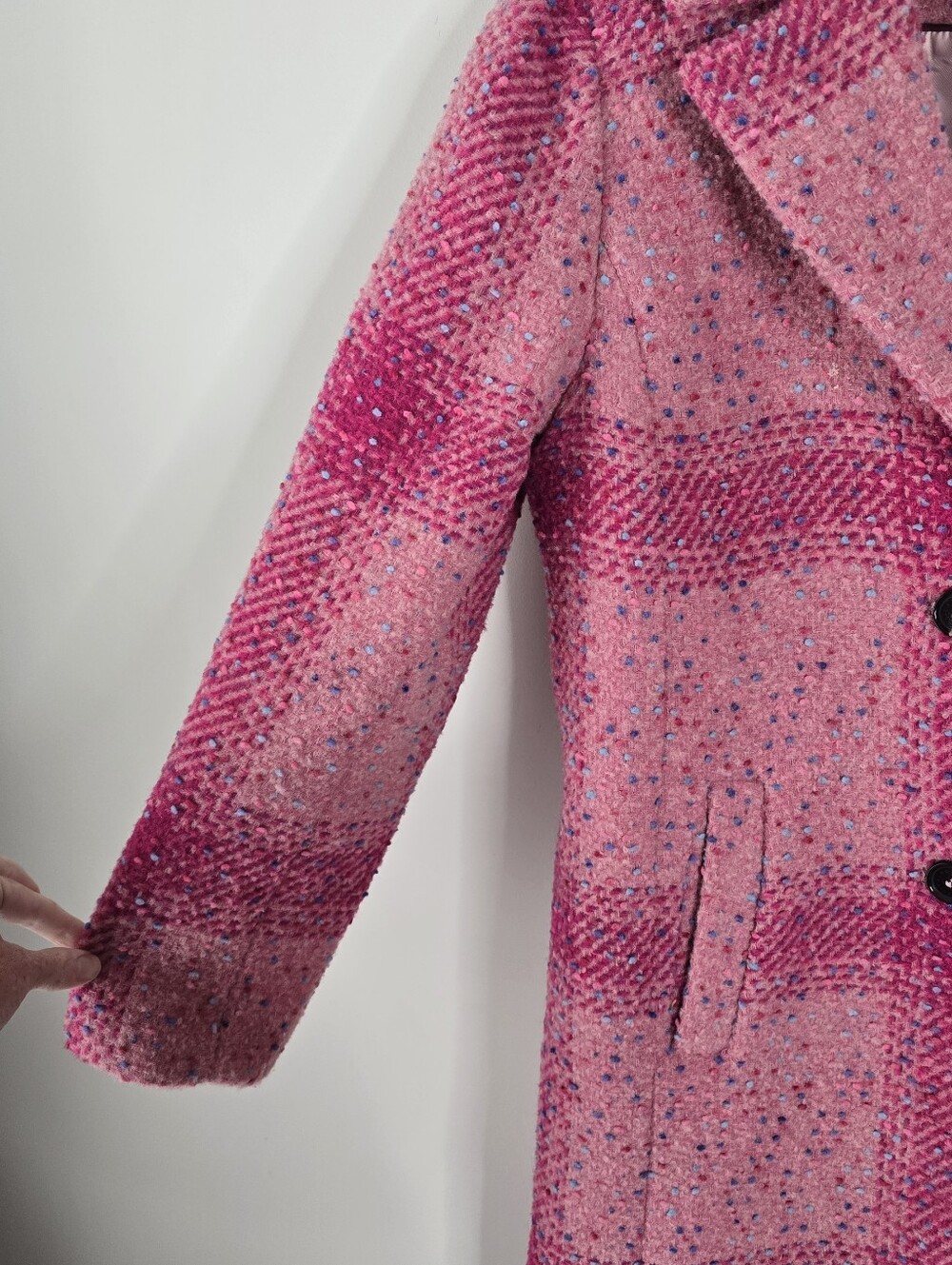 Talbots Confetti Pink Plaid Long Wool Blend Coat Jacket Size L Textured Tweed - Picture 5 of 15